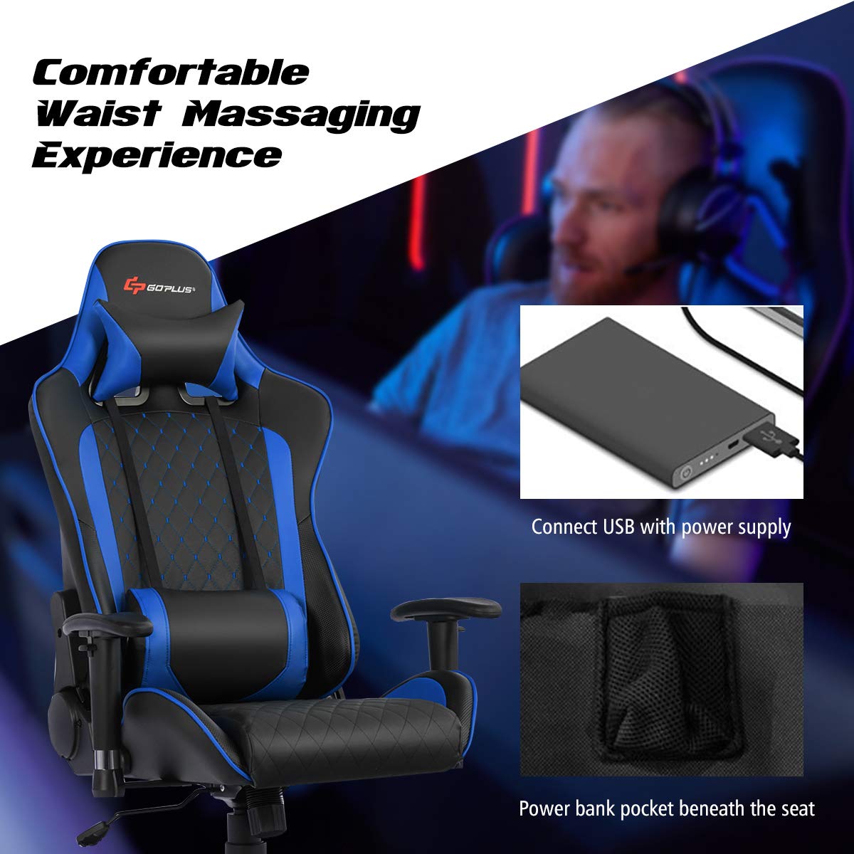 Gaming Desk & Chair Combo Set, Racing Style Home Office Gamer Workstation w/Massage Lumbar Support & Headrest - Image 10