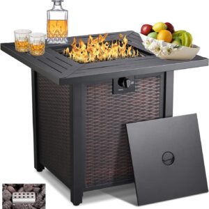 28-inch, 50,000-watt automatic ignition gas fire pit table, CSA-certified, imitation wicker wood material, equipped with a 6.6-pound stone shelf, suitable for gardens/terraces/balconies/backyards.