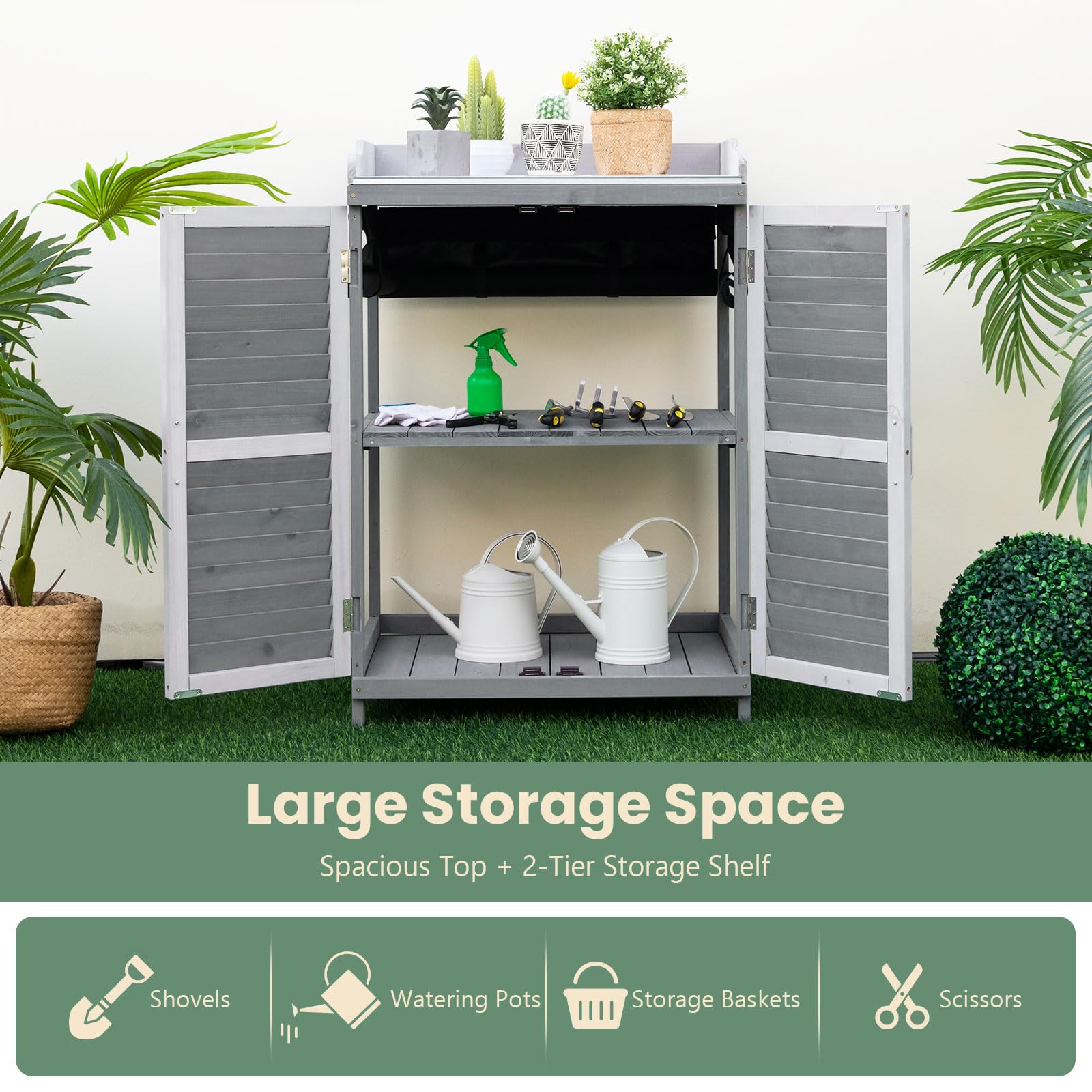 Goplus Outdoor Potting Bench Table, Garden Storage Cabinet w/Metal Tabletop - Image 4