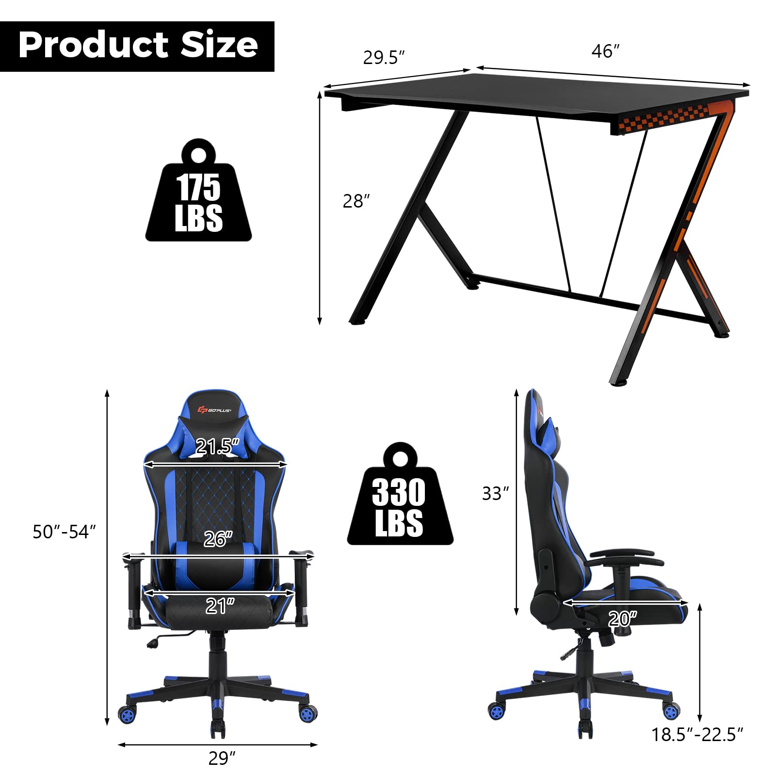 Gaming Desk & Chair Combo Set, Racing Style Home Office Gamer Workstation w/Massage Lumbar Support & Headrest - Image 9
