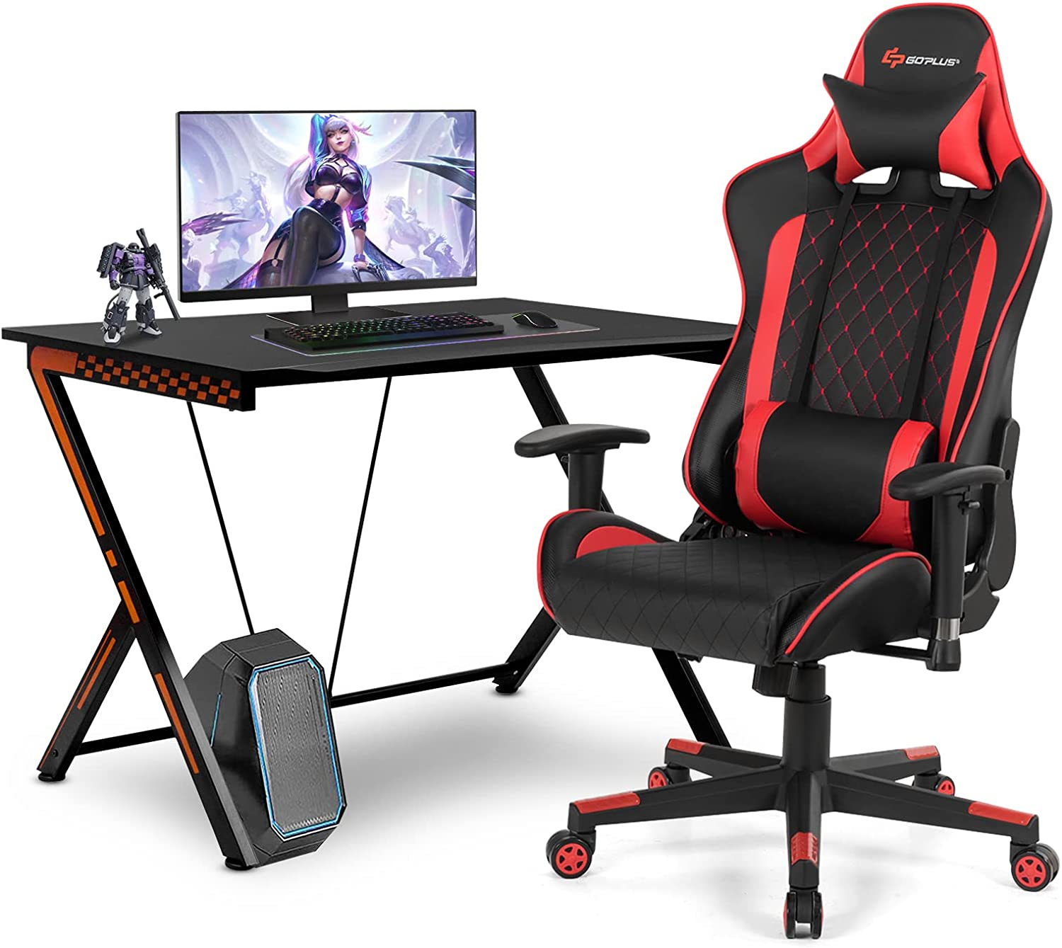 Gaming Desk & Chair Combo Set, Racing Style Home Office Gamer Workstation w/Massage Lumbar Support & Headrest - Image 11