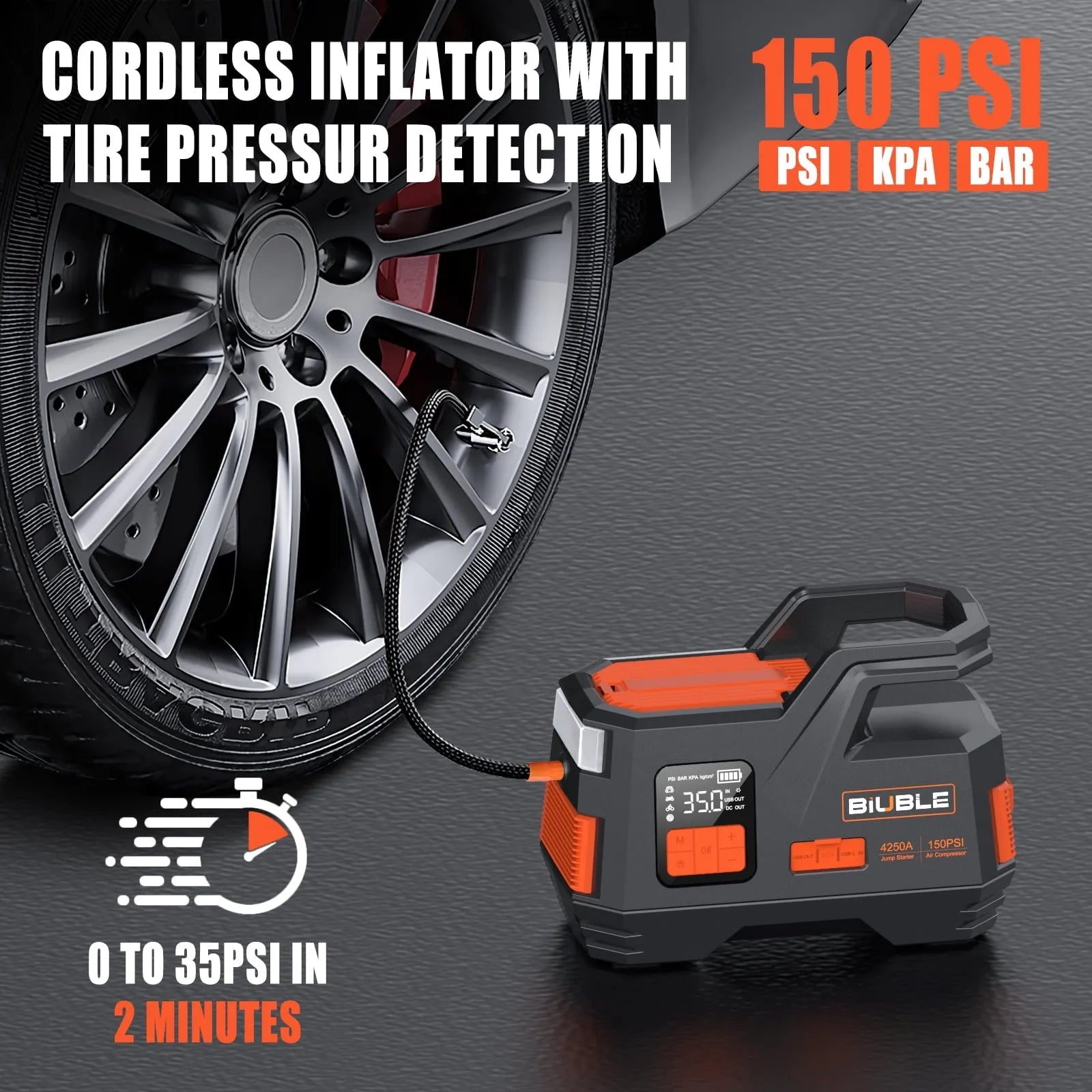 Car Jump Starter with Air Compressor, 4500A Peak 26800mAh 12V Auto with 150PSI Tire Inflator(up to All Gas or 10.0L Diesel Engine) - Image 4