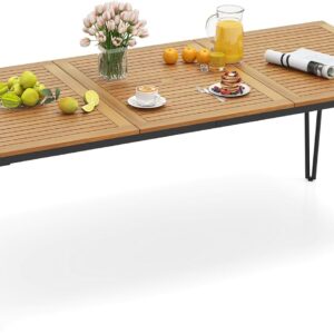 RELAX4LIFE Wooden Outdoor Dining Table for 8, 79" Rectangular Table w/Acacia Wood Slatted Top, Umbrella Hole & Metal Legs, Indoor Outdoor Bistro Table for Porch Garden, 8-Person Patio Dining Table