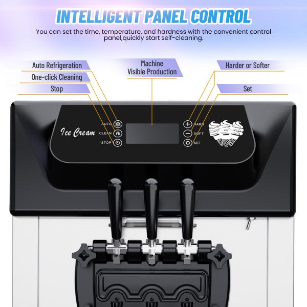 2200W Commercial Ice Cream Machine, 3 Flavor Soft Serve Ice Cream Machine, 5.3-7.4 Gal/Hr, with LCD Touch Screen, Automatic Cleaning, High Productivity for Home Snack Bar & Restaurants - Image 4