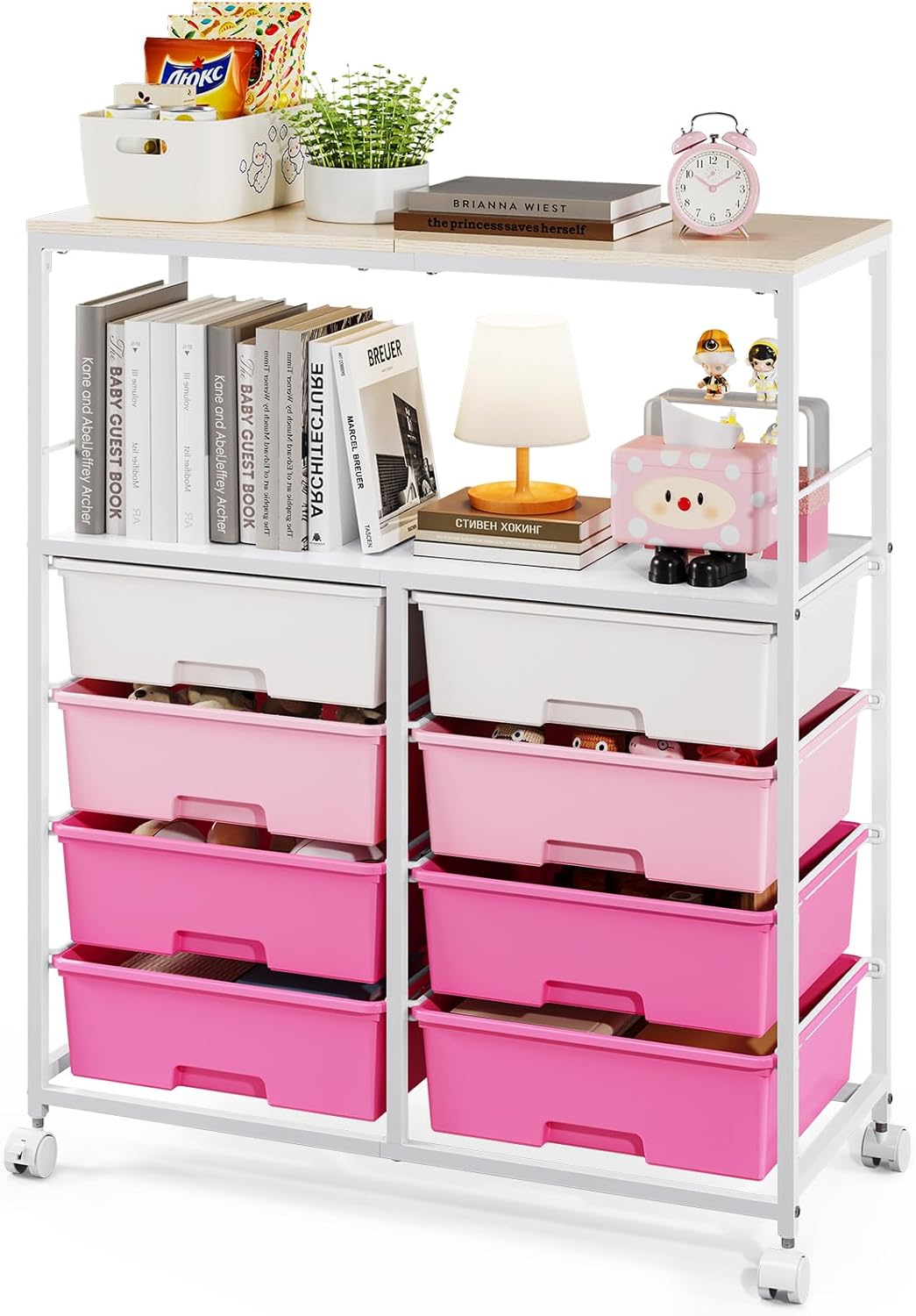 8-position drawer roller storage cart, equipped with a wooden top, a multi-functional practical storage cart with open shelves and lockable wheels, suitable for organizing storage drawers in home offices, craft rooms, and classrooms, in pink color. - Image 3