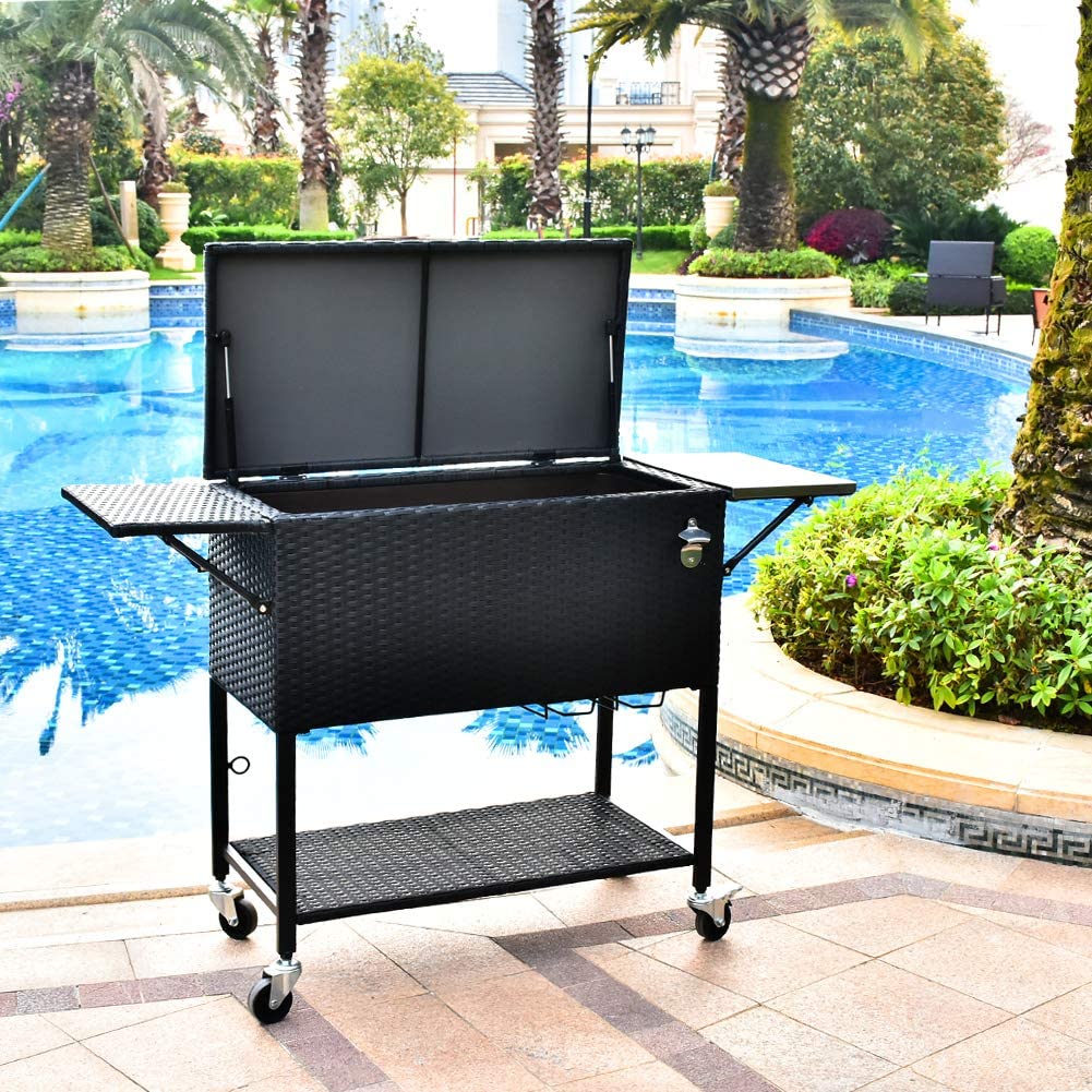 80 Quart Rattan Rolling Cooler Cart, Portable Wicker Cooler Trolley, Backyard Party Drink Beverage Bar - Image 3