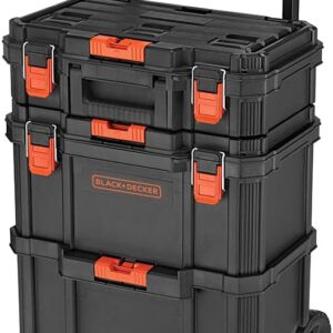 Stackable storage system - Three-piece set (small toolbox, dark-colored toolbox and rolling handbag)