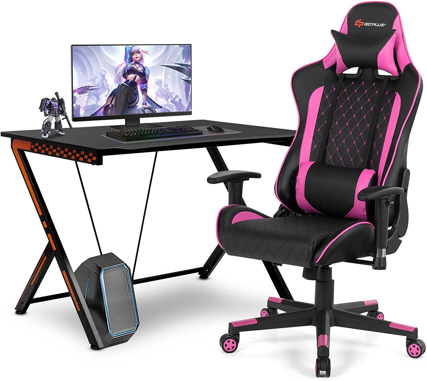Gaming Desk & Chair Combo Set, Racing Style Home Office Gamer Workstation w/Massage Lumbar Support & Headrest - Image 12