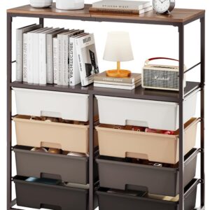 8-position drawer roller storage cart, equipped with a wooden top, a multi-functional practical storage cart with open shelves and lockable wheels, suitable for organizing storage drawers in home offices, craft rooms, and classrooms, in pink color.