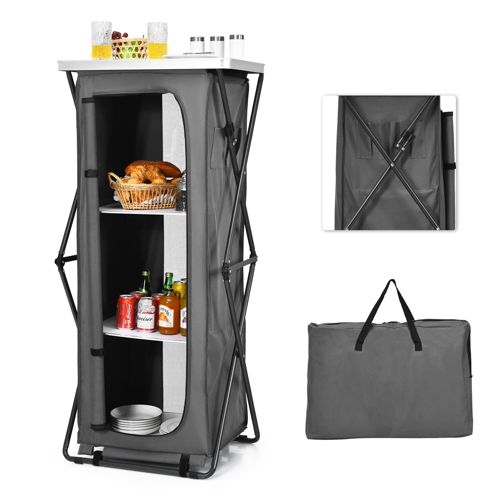 Folding Camping Storage Cabinet, Pop Up Outdoor Camping Kitchen Station with Large 3-Tier Storage Organizer - Image 8