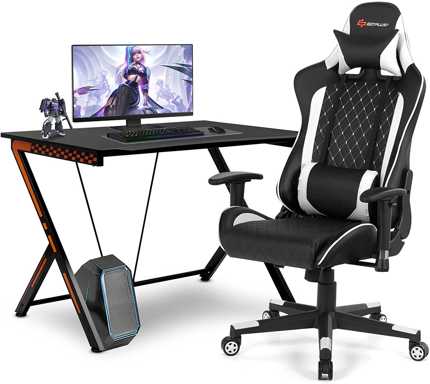 Gaming Desk & Chair Combo Set, Racing Style Home Office Gamer Workstation w/Massage Lumbar Support & Headrest - Image 13