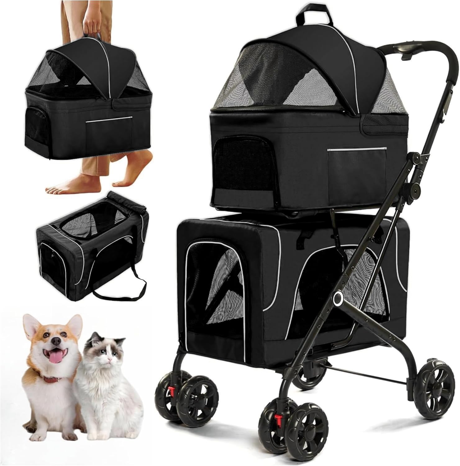 Double Dog Stroller for 2 Dogs, Detachable Carriers, Safety Belt, Lockable Wheels, Pet Travel Carrier Strolling Cart, Folding Cat Stroller for Small Medium Pets Dogs (Blue) - Image 2