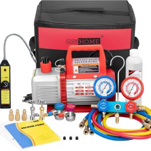 A single-stage rotary vane air vacuum pump with 110V, 1/3 horsepower and 4 cubic feet per minute, as well as an R134a AC manifold pressure gauge kit (with leak detector carry bag), is suitable for HVAC refrigeration and charging applications.