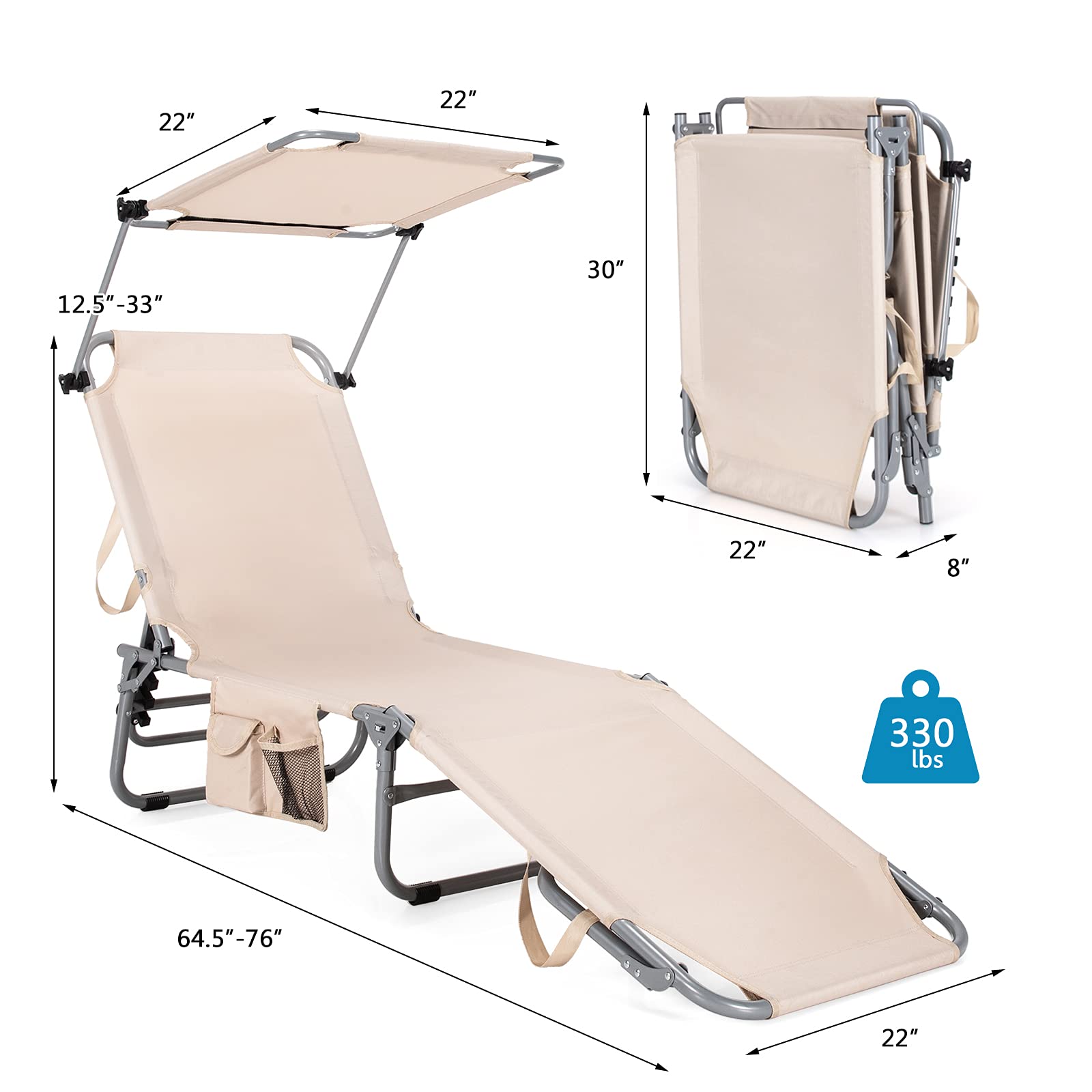 Folding Lounge Chair w/Shade Canopy and Storage Pocket - Image 14