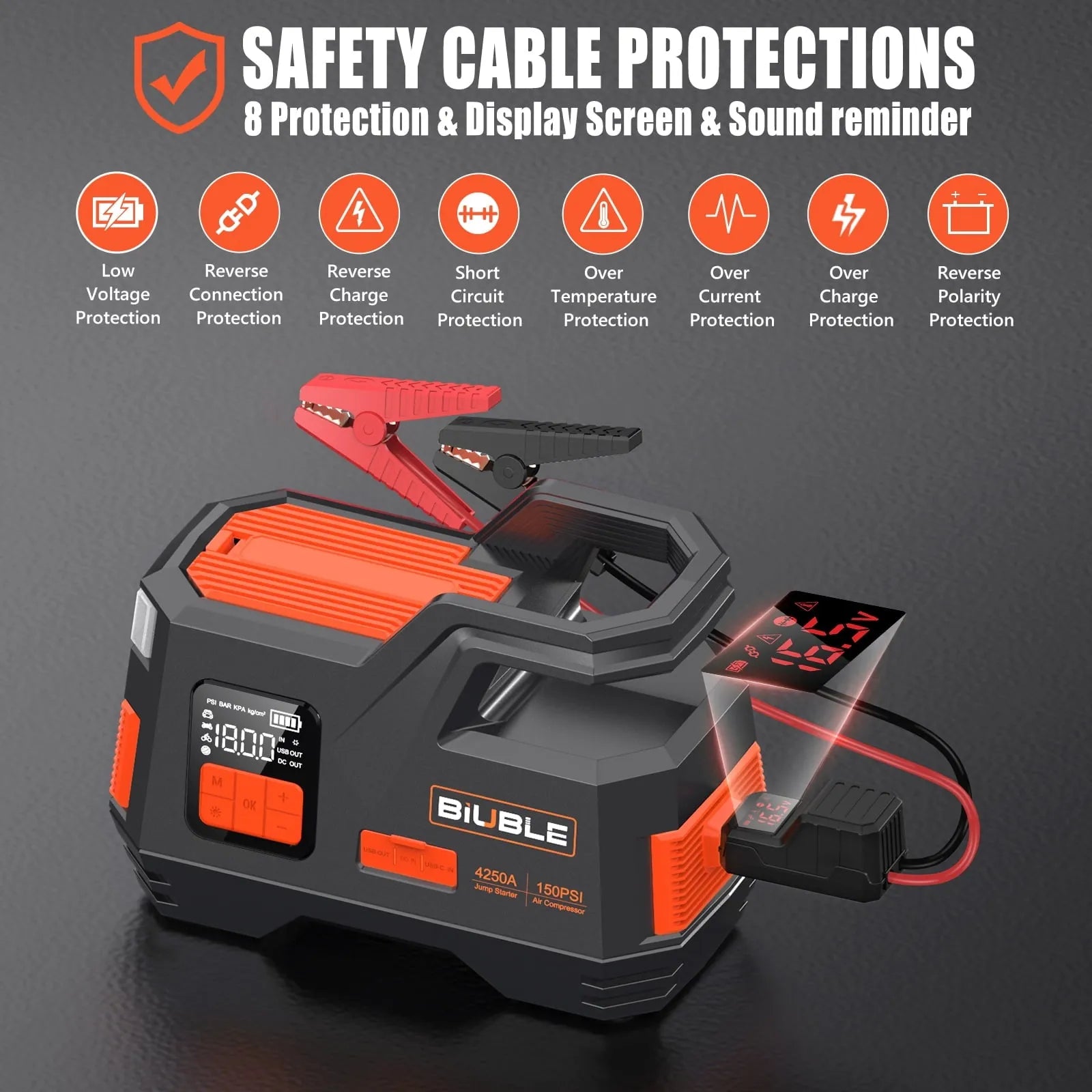 Car Jump Starter with Air Compressor, 4500A Peak 26800mAh 12V Auto with 150PSI Tire Inflator(up to All Gas or 10.0L Diesel Engine) - Image 7