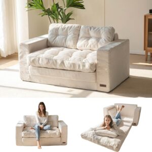 Convertible sofa bed, pull-out double rest sofa, two-in-one folding sofa bed for living room and bedroom, adult padded lounge chair, beige model
