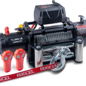 RUGCEL WINCH 12000lb 12V Truck Waterproof Electric Black Steel Rope Electric Winch with Roller Fairlead,Wired Handle,2 Infrared Remote Control, Trailer Winch