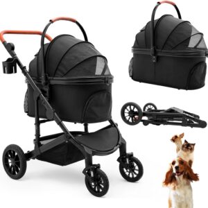 Pet Stroller with 4 Wheels, Foldable Pet Travel Carrier for Small/Medium Dogs Cats up to 50lbs, Detachble Portable Pet Bag, Storage Basket, Car Seat 3 in 1 Multifunctional (Grey)
