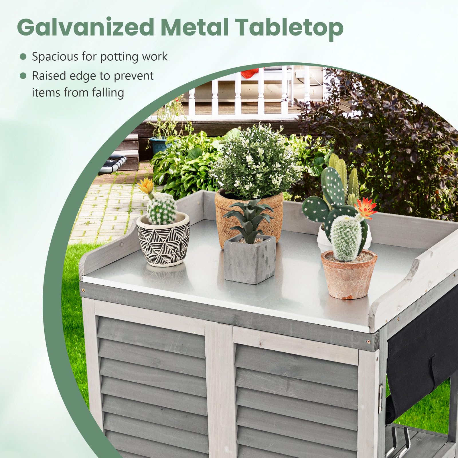 Goplus Outdoor Potting Bench Table, Garden Storage Cabinet w/Metal Tabletop - Image 5
