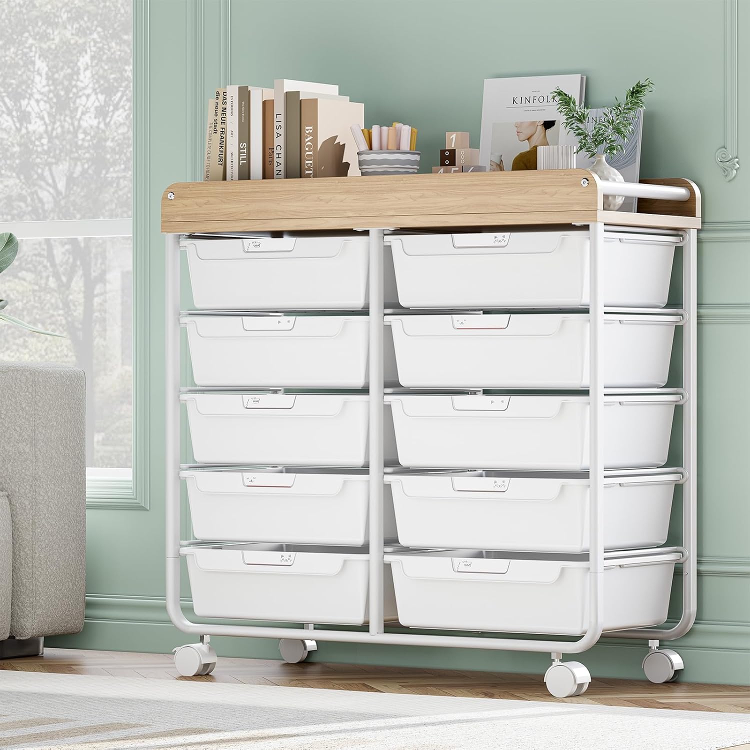 Rolling Storage Cart with 10 Large Drawers, Utility Cart with Wooden TableTop for Craft Organizers, Art Supply Storage, Home Office Organization, Cart with Wheels for Classroom, School, Green - Image 3