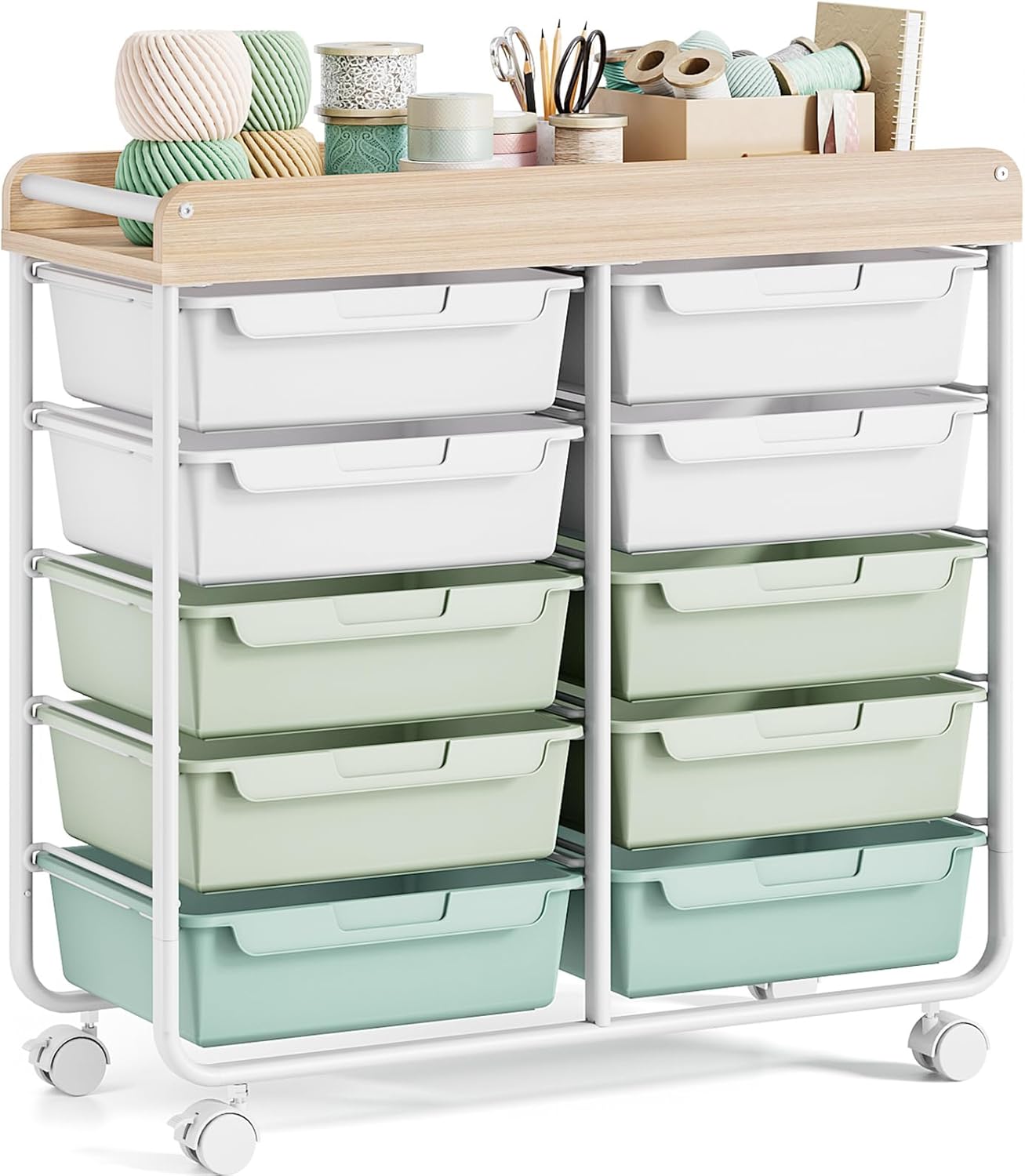 Rolling Storage Cart with 10 Large Drawers, Utility Cart with Wooden TableTop for Craft Organizers, Art Supply Storage, Home Office Organization, Cart with Wheels for Classroom, School, Green - Image 2