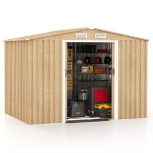 8' x 6' Woodgrain Outdoor Storage Shed, Galvanized Metal Tool House Organizer w/Base Floor, 4 Vents
