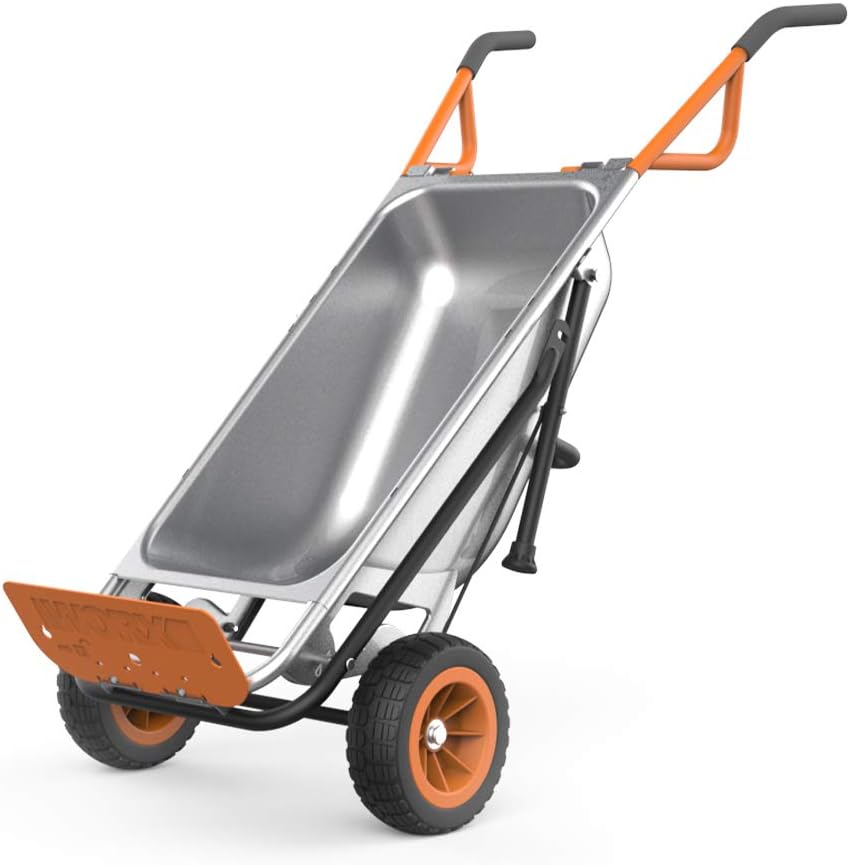 Multi-functional two-wheel garden carts, trolleys and push carts, equipped with flat-bottom tires, available in colors of orange, black and silver, with dimensions of 18 inches x 12 inches x 42 inches.