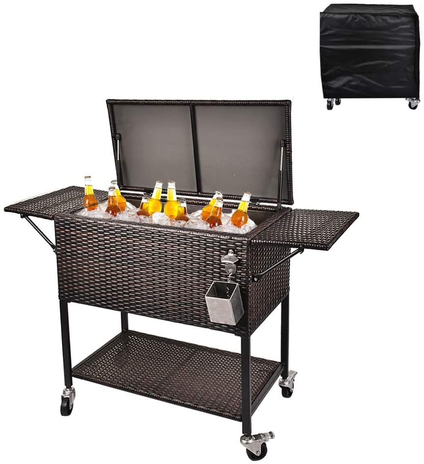 80 Quart Rattan Rolling Cooler Cart, Portable Wicker Cooler Trolley, Backyard Party Drink Beverage Bar - Image 4
