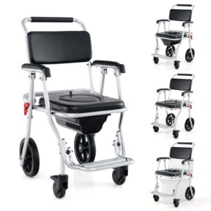 4 in 1 Shower Commode Wheelchair, 330lbs Foldable Bedside Commode Chair for Toilet with Arms