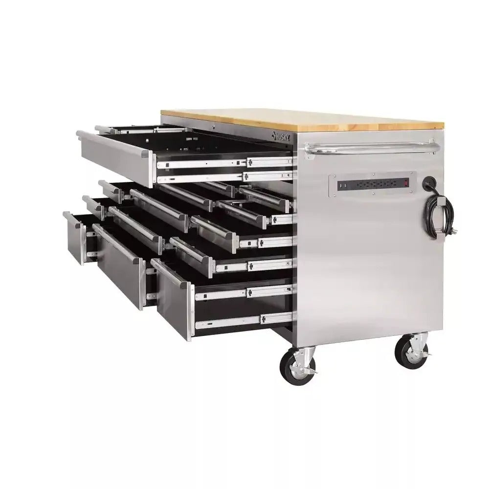 72 in. 18-Drawer 24 in. D Mobile Workbench with Solid Wood Top Stainless Steel - Image 4