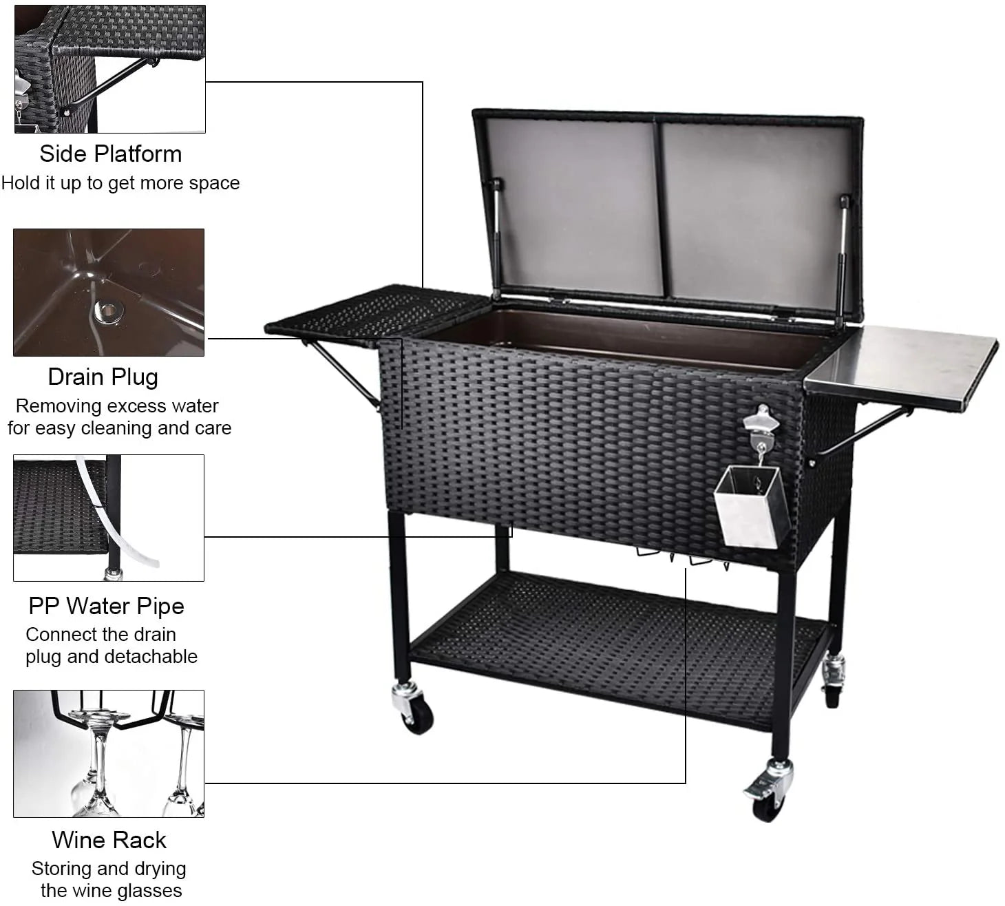 80 Quart Rattan Rolling Cooler Cart, Portable Wicker Cooler Trolley, Backyard Party Drink Beverage Bar - Image 6