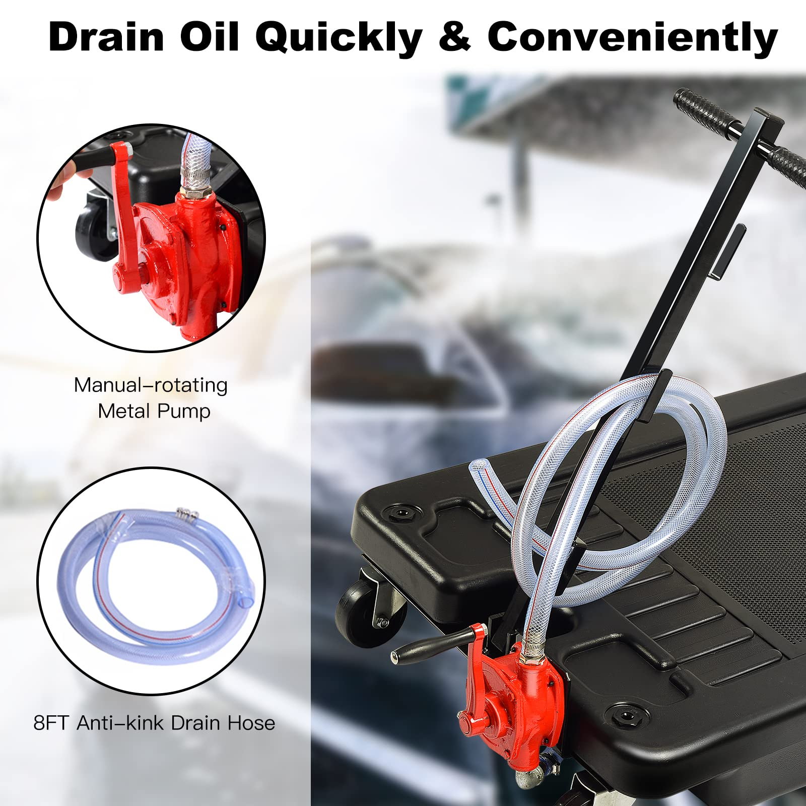 Portable Oil Drain Pan with Pump 17 Gallon Low Profile Oil Change Pan for Truck Car with 8' Hose - Image 4