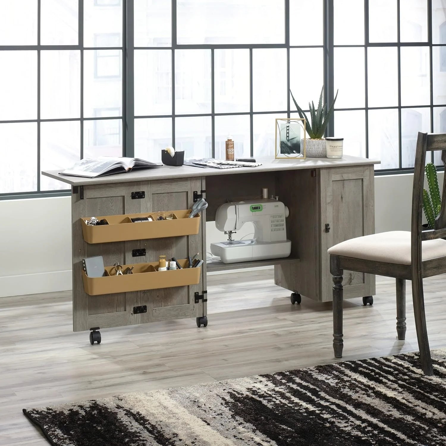 Craft Cart Storage Cabinet, Rolling Sewing Table with Expandable Top, Mystic Oak - Image 3