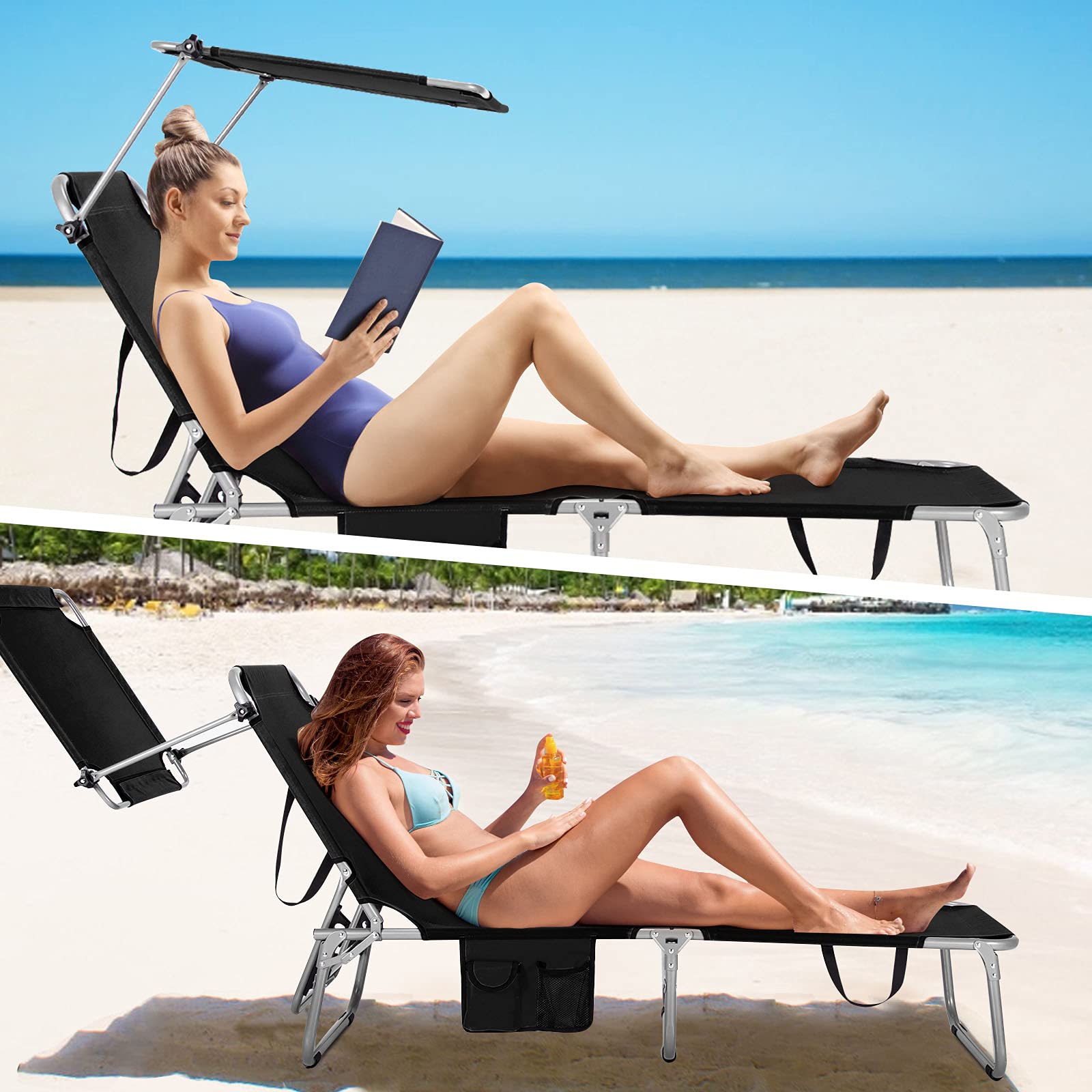 Folding Lounge Chair w/Shade Canopy and Storage Pocket - Image 4