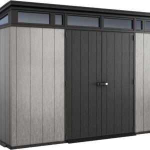 Keter Artisan 11x7 Modern Resin Outdoor Storage Shed Kit-Perfect to Store Patio Furniture, Garden Tools Bike Accessories, Beach Chairs and Lawn Mower, Grey & Black