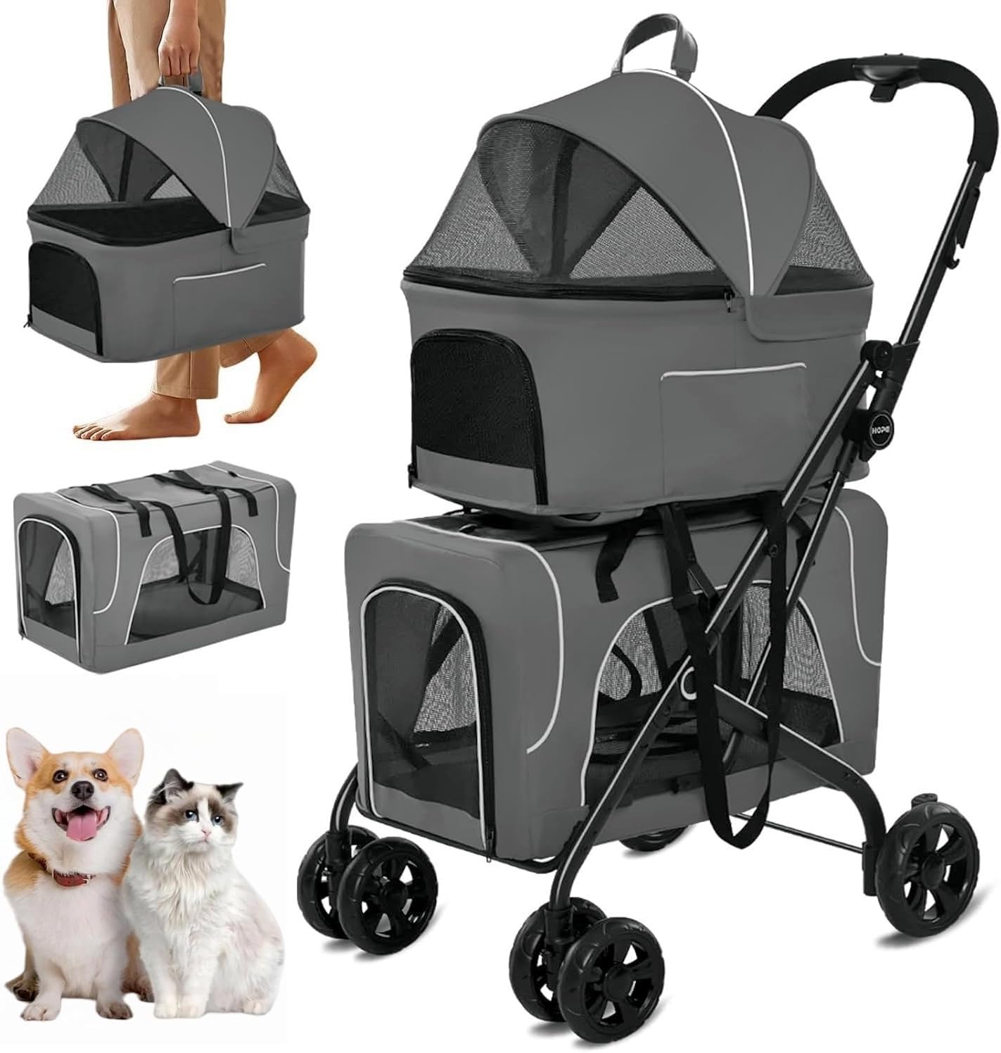 Double Dog Stroller for 2 Dogs, Detachable Carriers, Safety Belt, Lockable Wheels, Pet Travel Carrier Strolling Cart, Folding Cat Stroller for Small Medium Pets Dogs (Blue) - Image 3