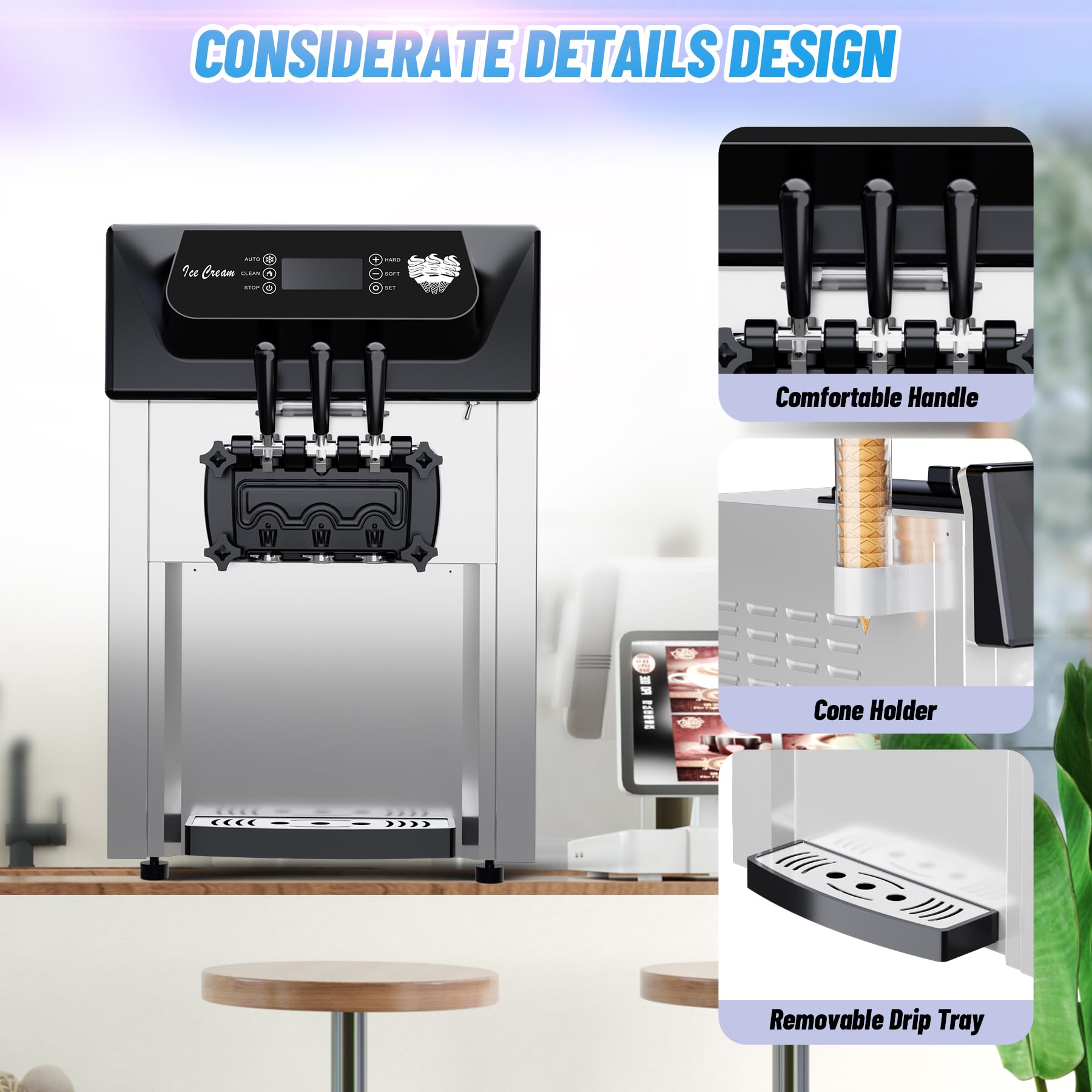 2200W Commercial Ice Cream Machine, 3 Flavor Soft Serve Ice Cream Machine, 5.3-7.4 Gal/Hr, with LCD Touch Screen, Automatic Cleaning, High Productivity for Home Snack Bar & Restaurants - Image 12