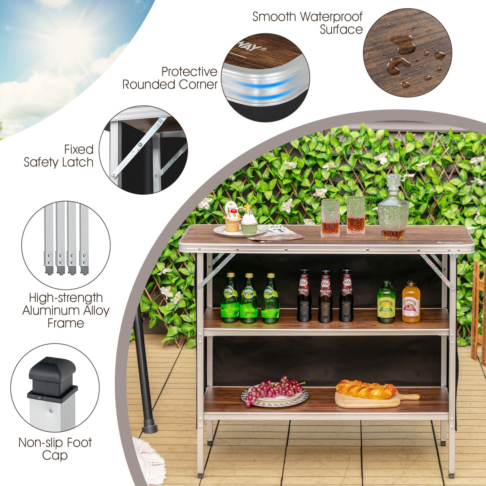 Goplus Folding Camping Table, Aluminum Portable Pop-Up Bar Table with 2-Tier Storage Shelves - Image 6