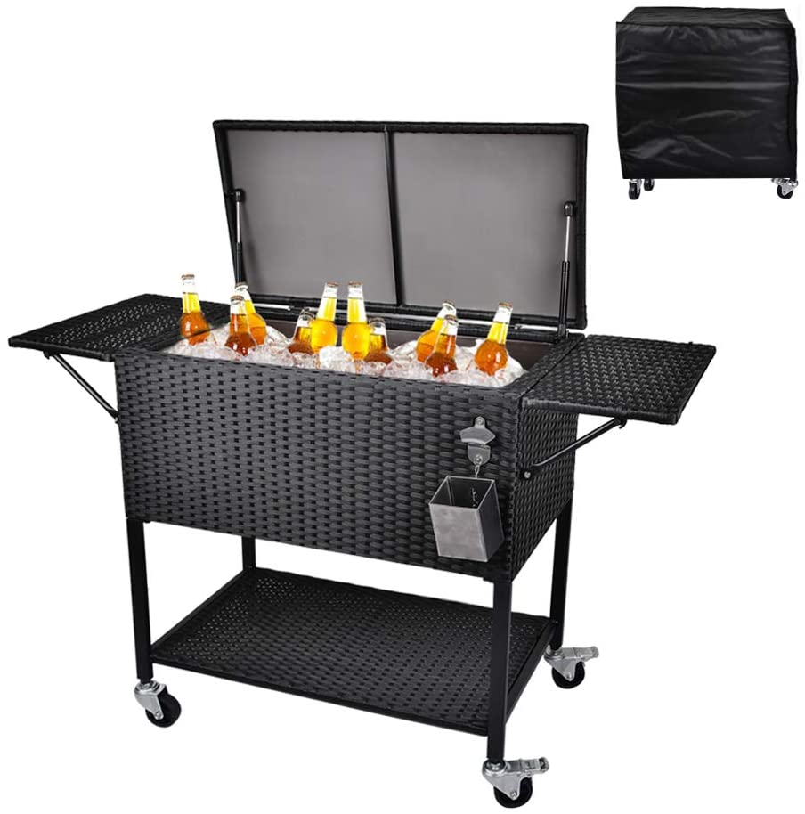 80 Quart Rattan Rolling Cooler Cart, Portable Wicker Cooler Trolley, Backyard Party Drink Beverage Bar - Image 2