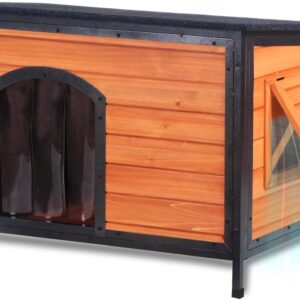 43.3-inch L-shaped outdoor dog house with insulation feature, a dog shelter made of fully sealed foam material on all six sides, suitable for small, medium-sized and large dogs, equipped with a sturdy metal anti-bite frame, and featuring winter insul