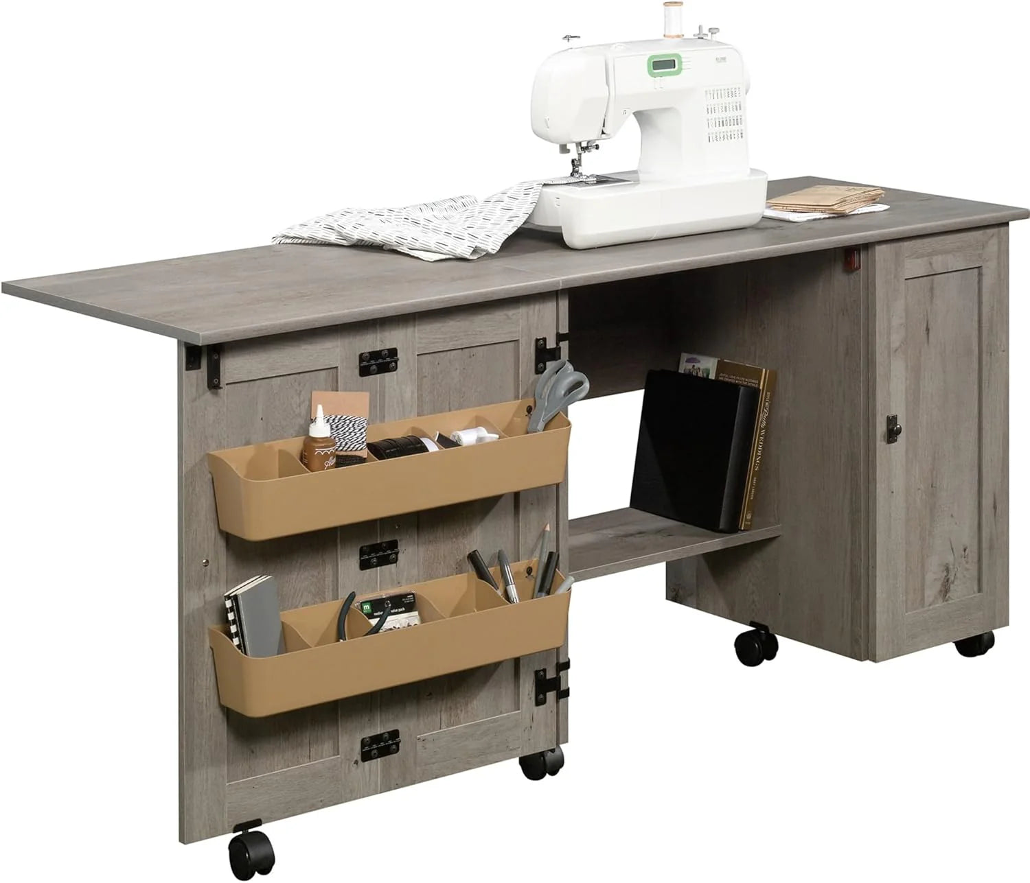 Craft Cart Storage Cabinet, Rolling Sewing Table with Expandable Top, Mystic Oak - Image 2