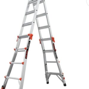 17-foot foldable multi-position ladder, made of aluminum, with a load capacity of 300 pounds, 1A type super heavy-duty, 18-foot extension length, equipped with a ratchet leveling device and wheels