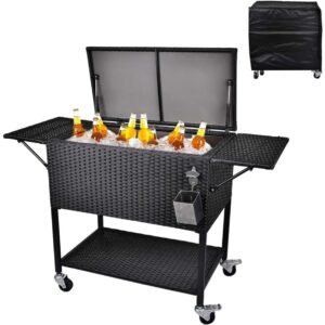 80 Quart Rattan Rolling Cooler Cart, Portable Wicker Cooler Trolley, Backyard Party Drink Beverage Bar