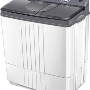Portable washing machine, capacity 20 pounds, combined design, with the washing machine weighing 12 pounds and the spin dryer weighing 8 pounds. Suitable for use in apartments and campers. Available in gray and white styles.