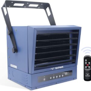 Electric vehicle garage heater, 7500-watt digital display fan-driven ceiling-mounted work area heater, featuring full-function remote control, 240-volt wired installation, with a 12-hour timer, is highly suitable for use in workplaces.