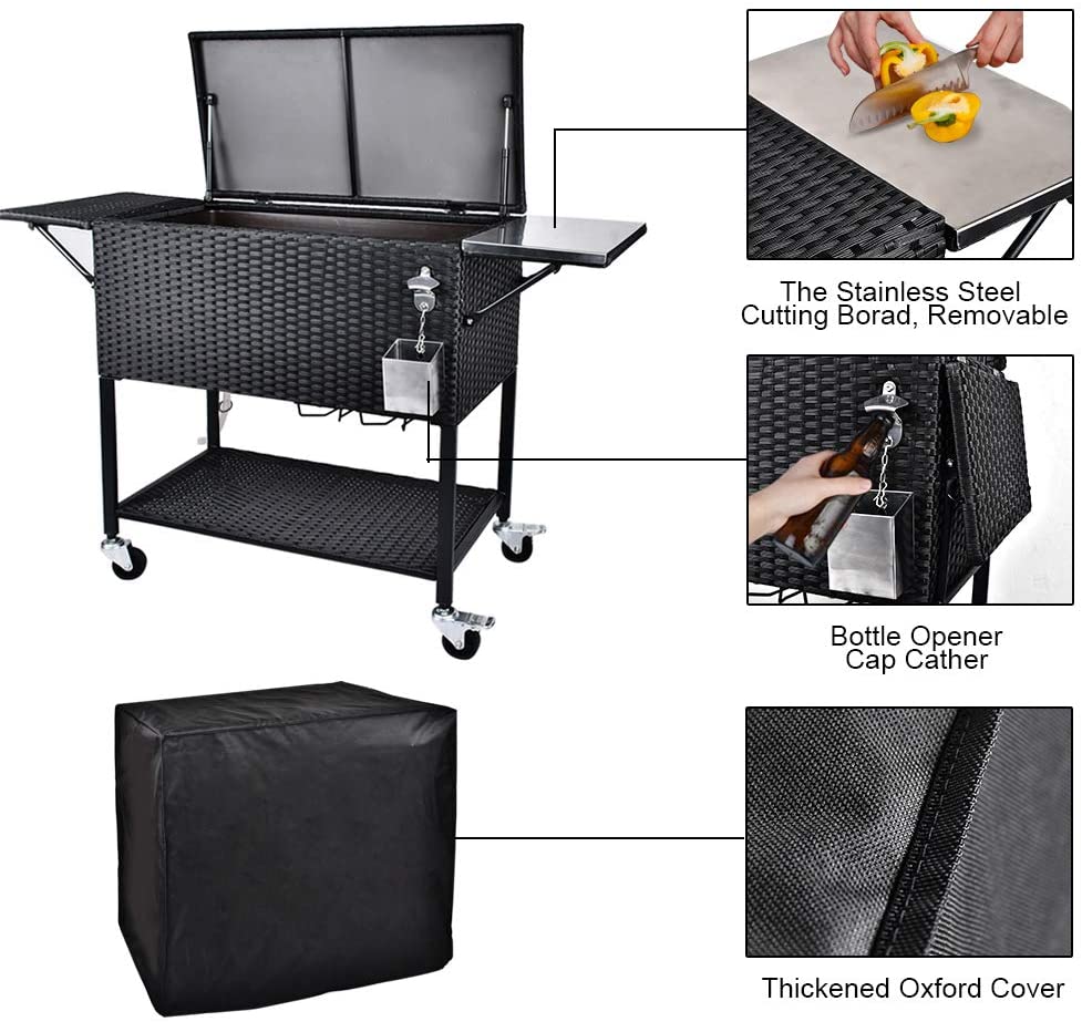 80 Quart Rattan Rolling Cooler Cart, Portable Wicker Cooler Trolley, Backyard Party Drink Beverage Bar - Image 7