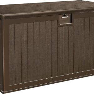 150-gallon double-tiered storage box, equipped with partitions and side handles, suitable for outdoor large storage purposes, can hold patio furniture cushions and garden pool accessories, waterproof and lockable.