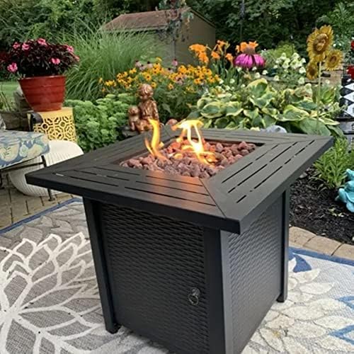 28-inch, 50,000-watt automatic ignition gas fire pit table, CSA-certified, imitation wicker wood material, equipped with a 6.6-pound stone shelf, suitable for gardens/terraces/balconies/backyards. - Image 3