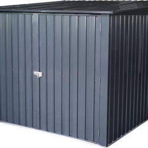 5-foot outdoor steel bicycle storage shed with a sloping roof and 4 bicycle tracks. Bicycle storage shed, black version.
