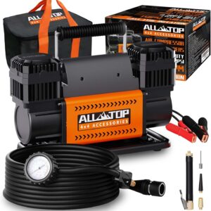 Air compressor kit, dual cylinder, 12-volt portable inflator, 12.35 cubic feet per minute, suitable for truck tires for off-road use, heavy-duty Max 150 pounds per square inch, suitable for four-wheel drive vehicles and campers.